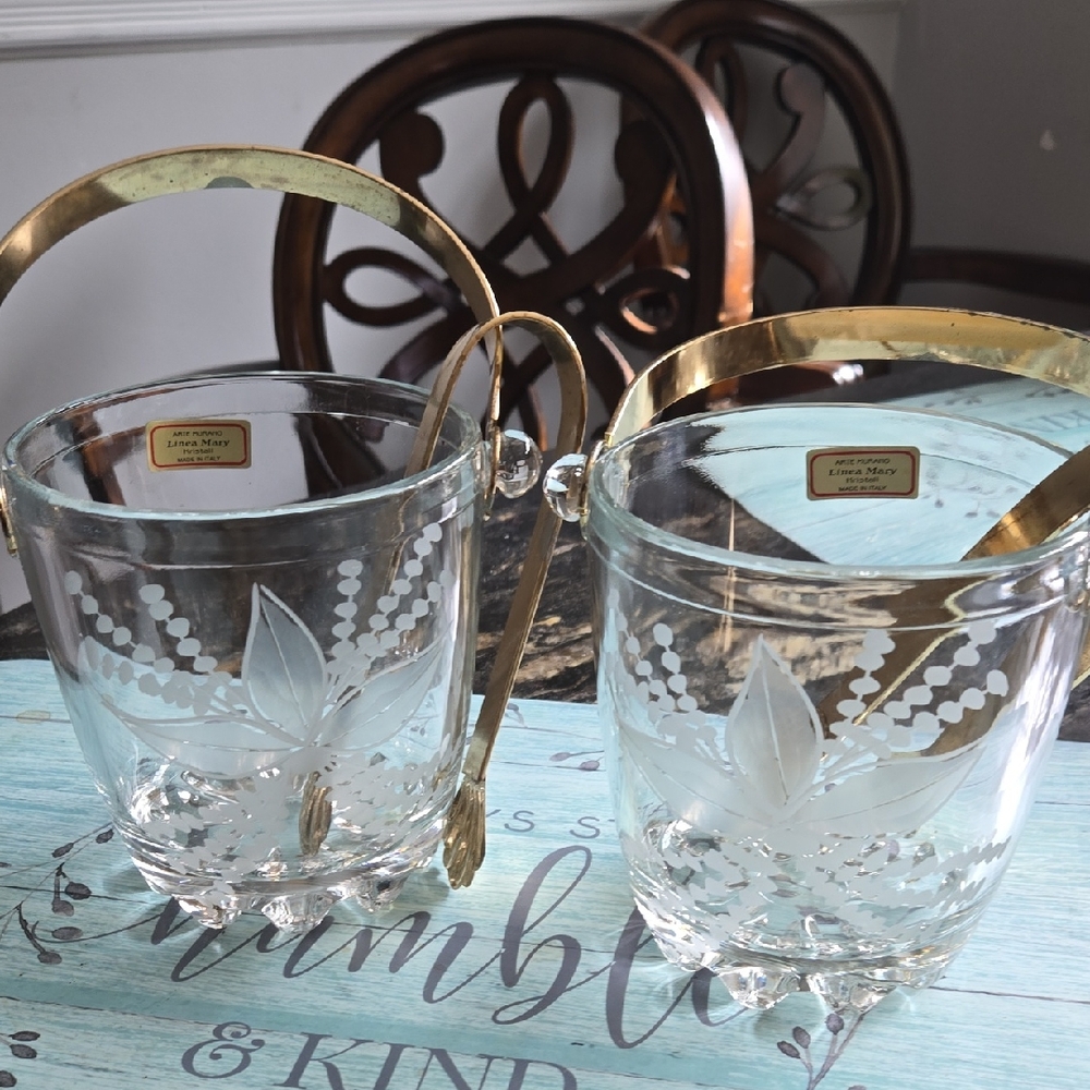 Murano Clear Glass Ice Bucket with Gold Handles